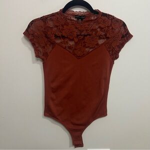 Lace Short Sleeve Rust Bodysuit Floral Mock Neck Boho Indie Western Spring